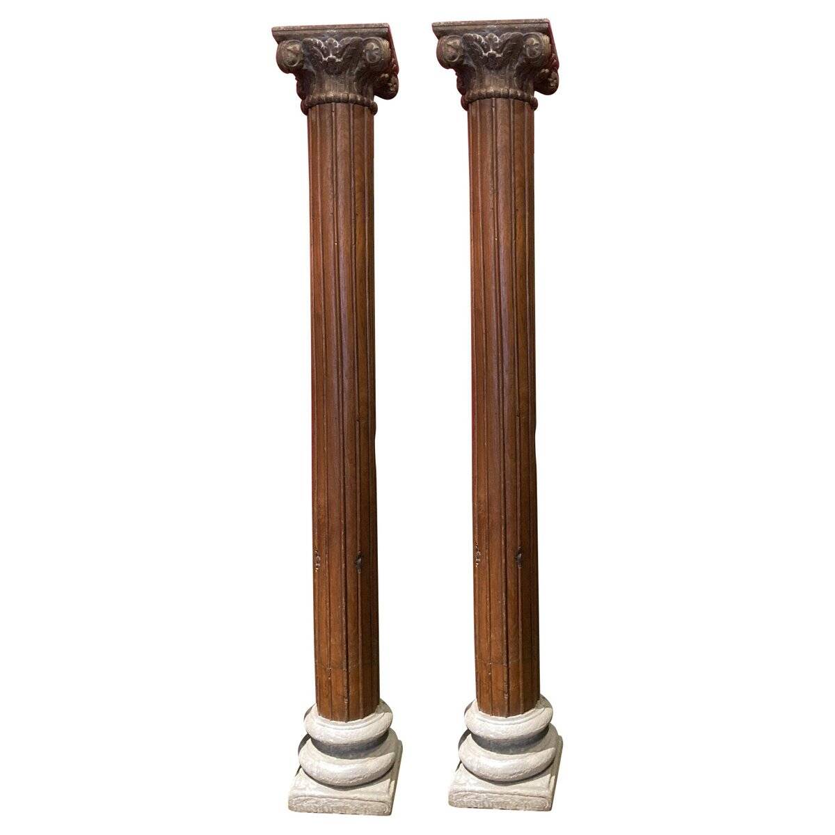 19th Century Italian Architectural Corinthian Wood Columns on Sandstone Plinths, Set of 2