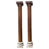 19th Century Italian Architectural Corinthian Wood Columns on Sandstone Plinths, Set of 2