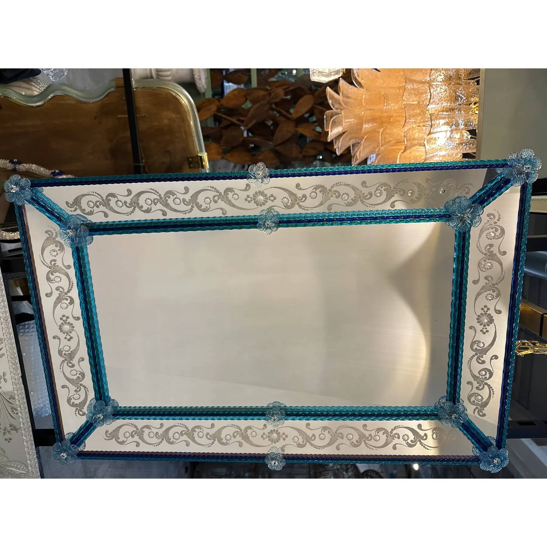 Stylish Modern Venetian Blue Mirror with Hand-Carved Murano Glass Frame