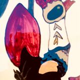 Vintage ceramic underside naïve rooster and gardener Dodik Bretagne naïve painting