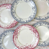 6 flat plates Terre de Fer blue red mismatched