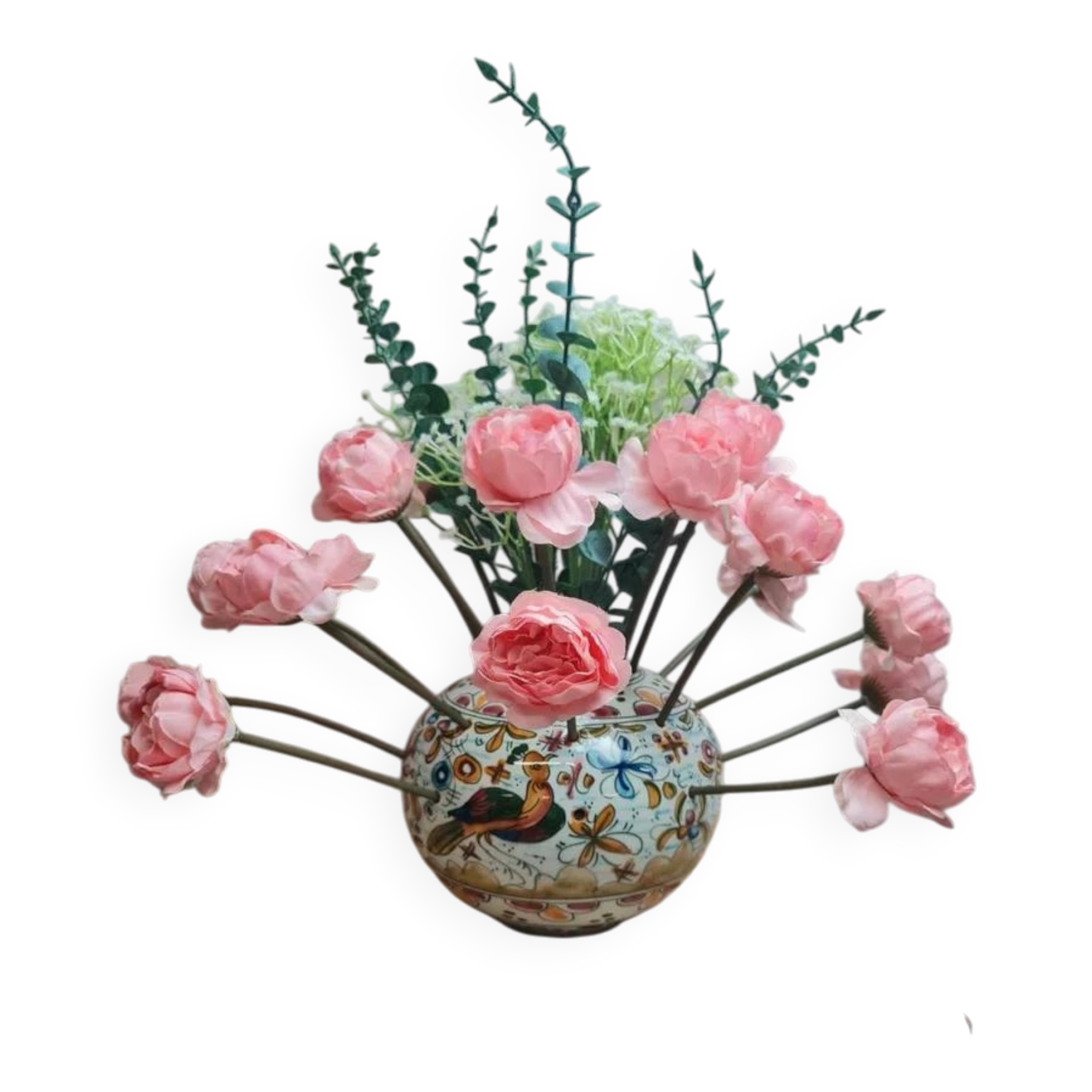 Pic-fleurs ancien en faïence décor main – oiseau & décor polychrome