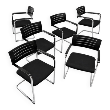 Lot de 6 fauteuils cantilever Züco, bois noir et chrome