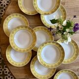 Lot de 12 assiettes creuses vintage jaunes, blanches et dorées