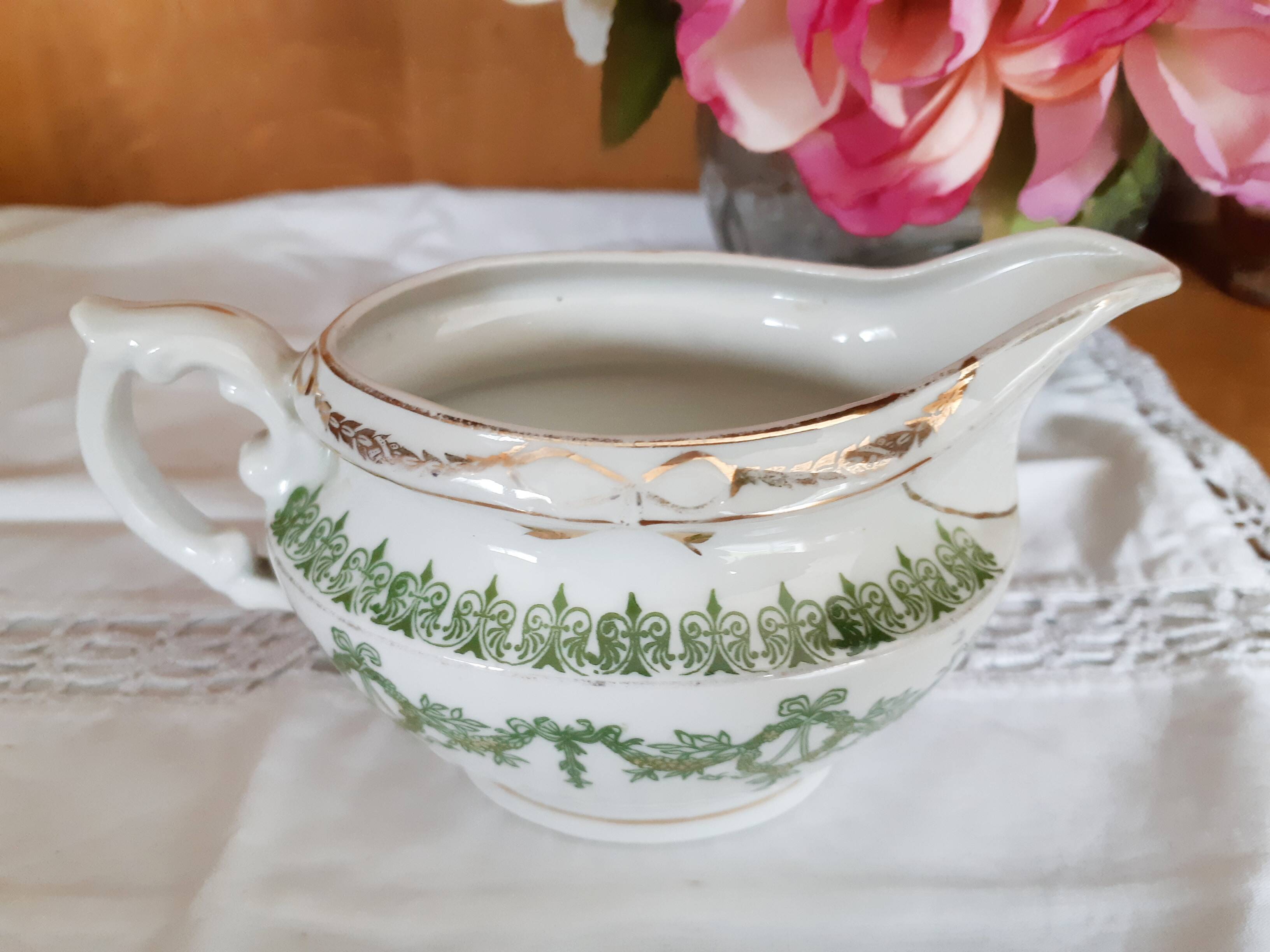 English porcelain tea set, green and gold, antique
