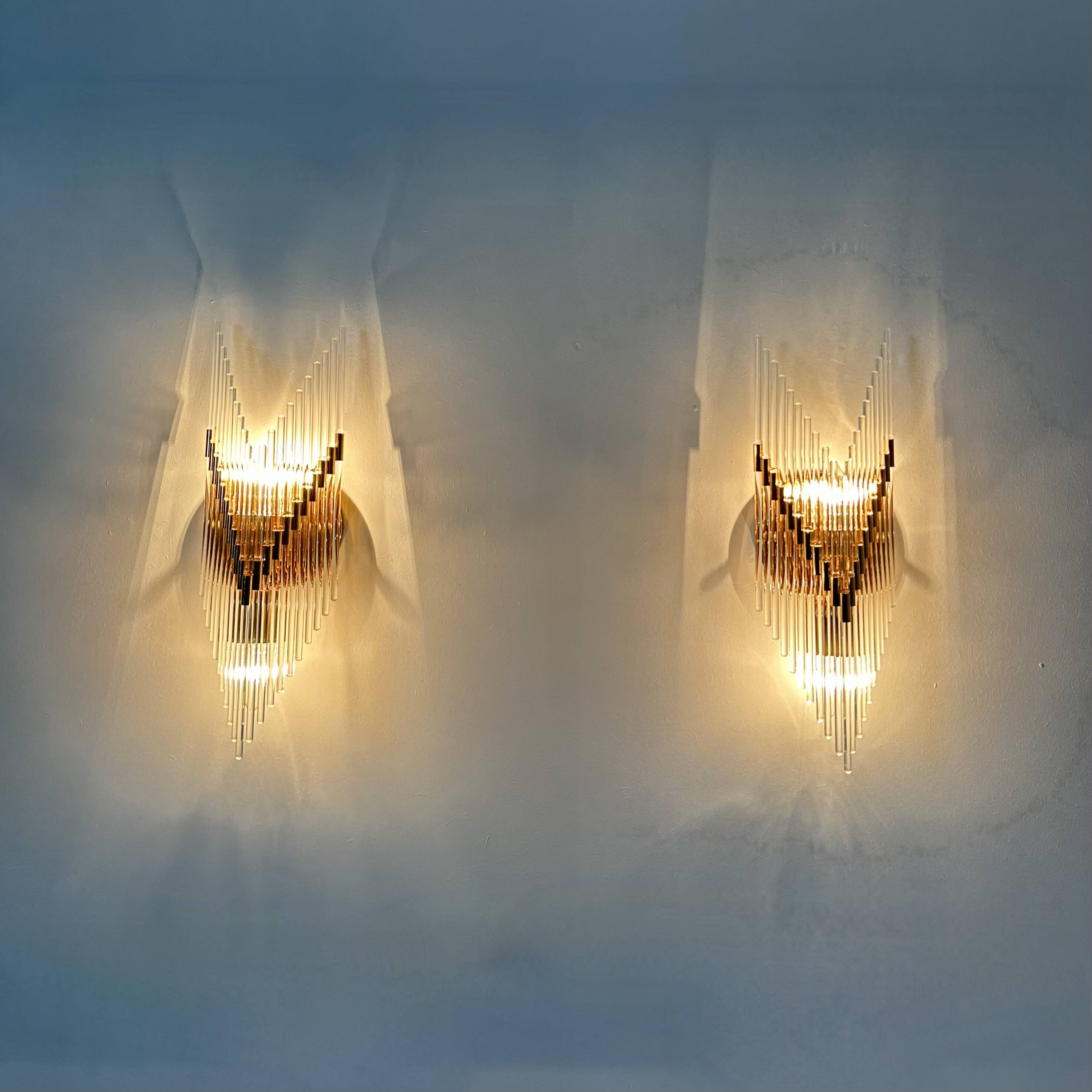 Set of 2 crystal glass rods wall lamps , 1970s