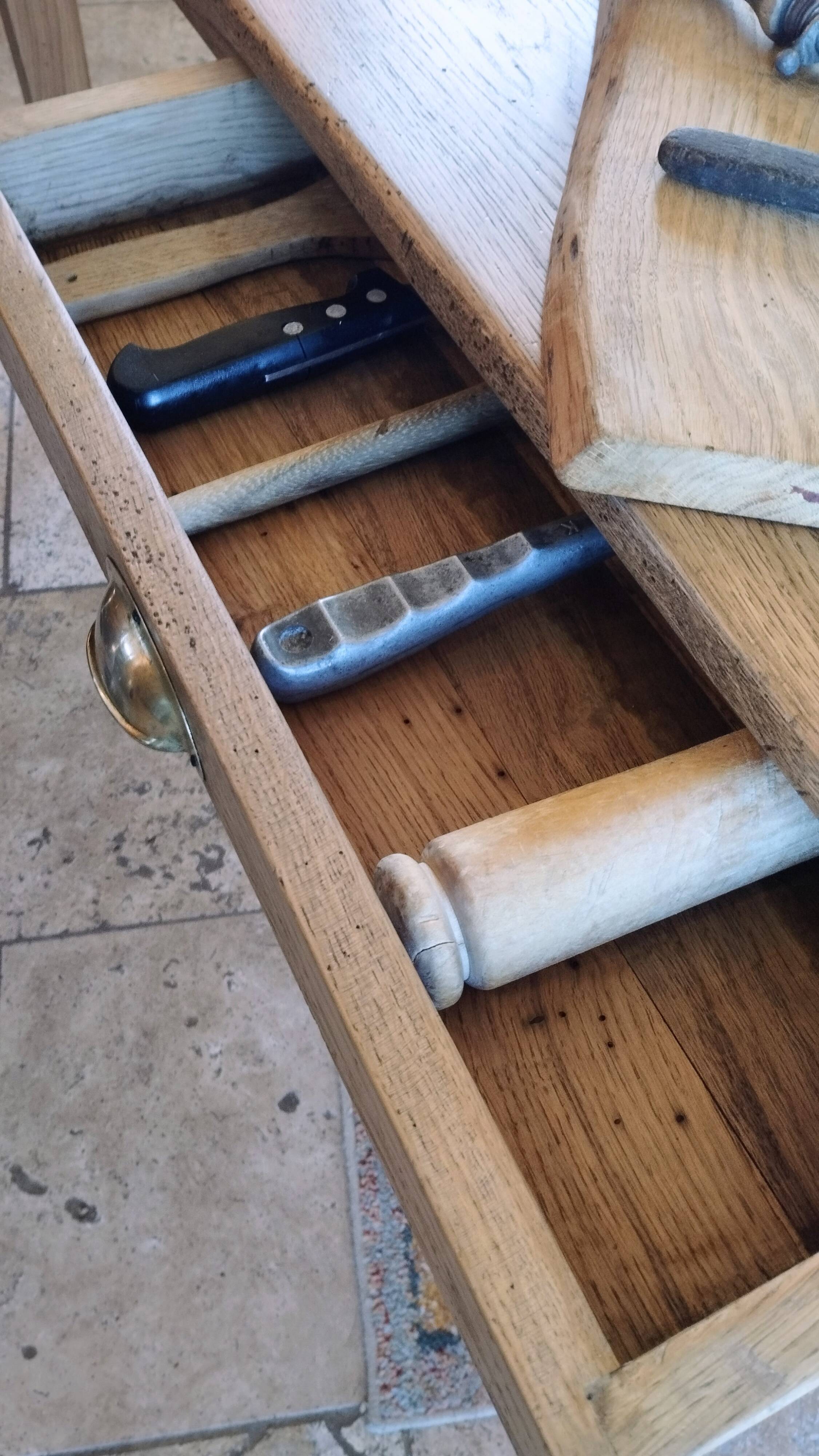 Solid oak farmhouse table with central drawer and extension