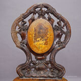 Pair of walnut chairs with Edelweiss marquetry, Brienz Switzerland 1900