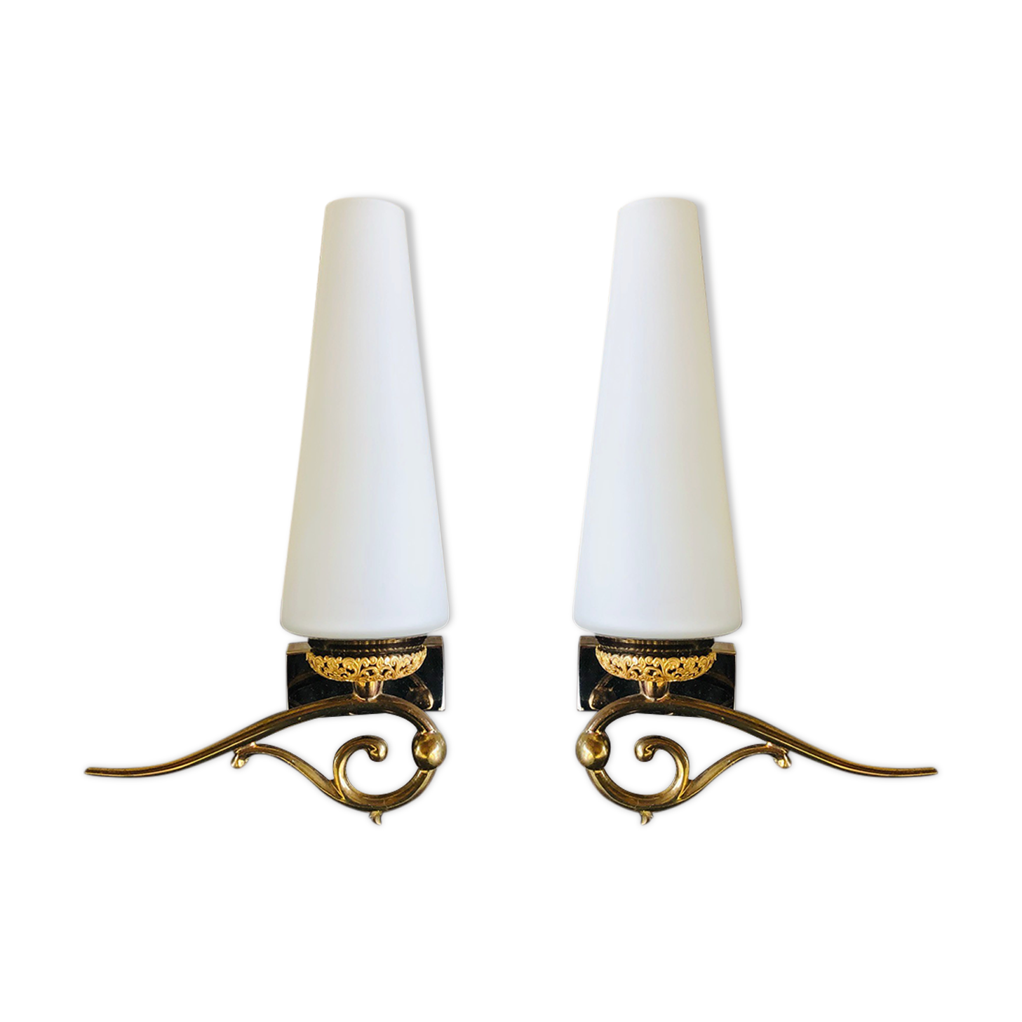 Pair of wall sconces in opaline and brass 60s