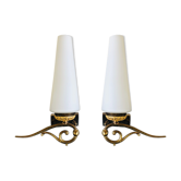 Pair of wall sconces in opaline and brass 60s