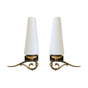 Pair of wall sconces in opaline and brass 60s