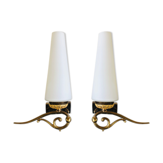 Pair of wall sconces in opaline and brass 60s