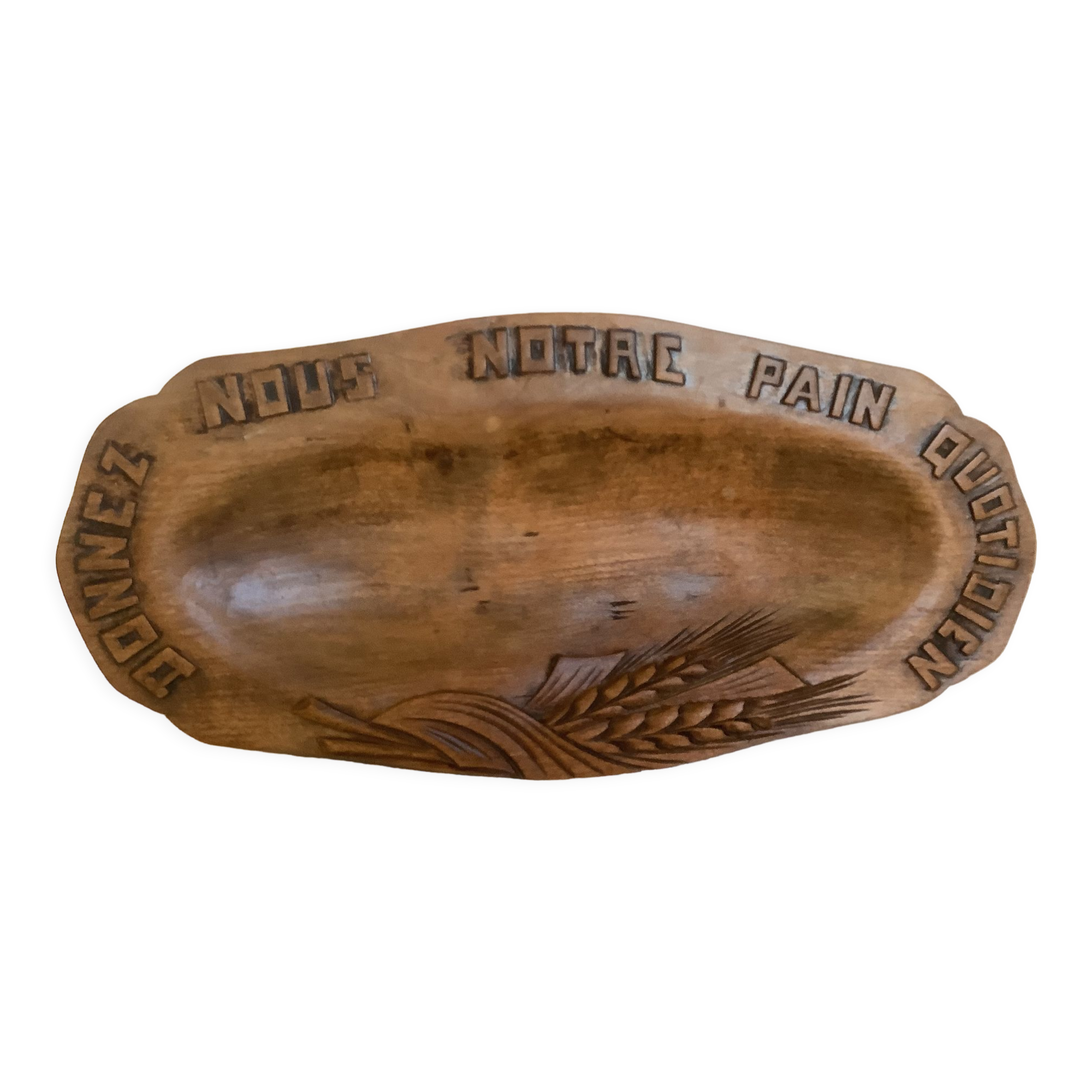Carved wood dish ears of wheat give us our daily bread