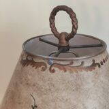 Large pagoda lamp painted with floral patterns and metal shade.