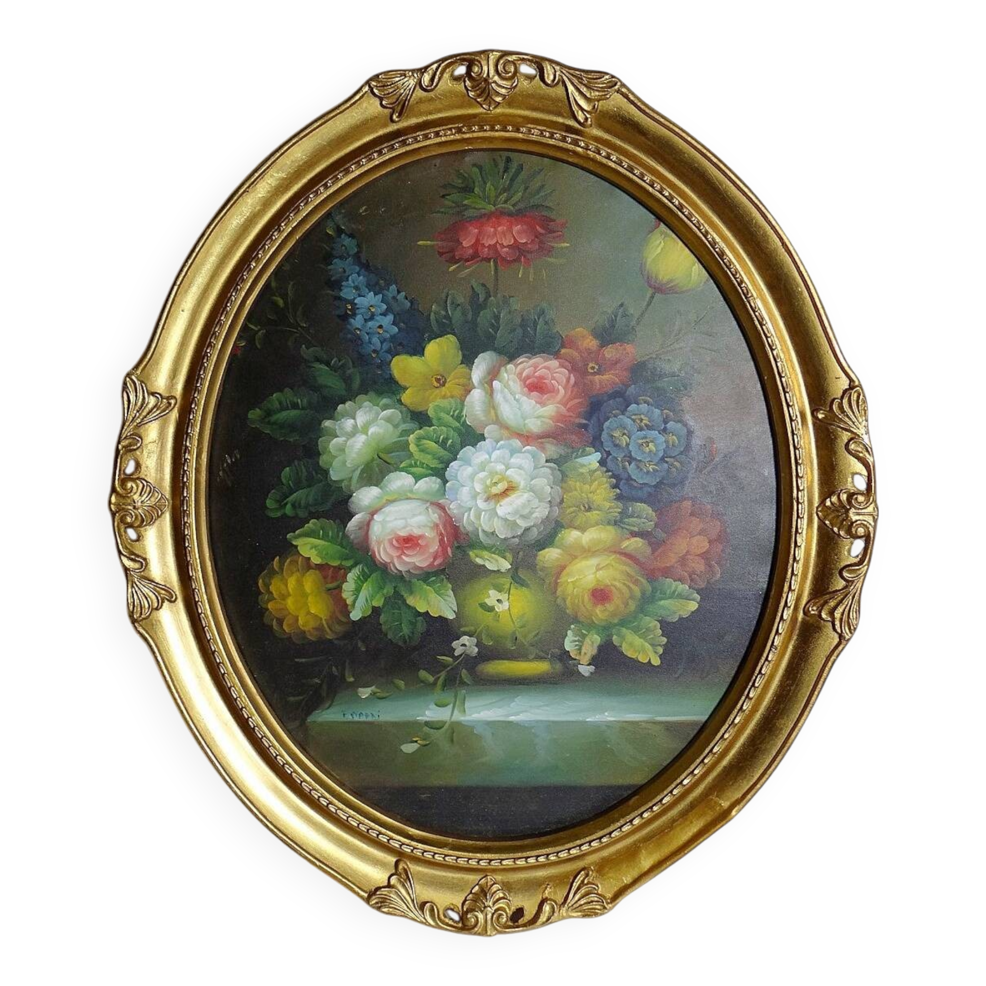 Large oil on canvas bouquet medallion wooden frame gilded stucco vintage