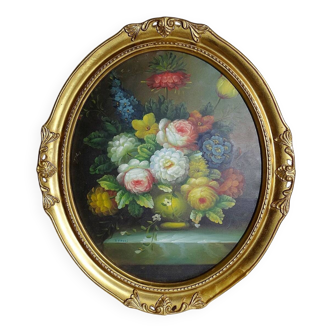 Grande huile sur toile médaillon bouquet cadre bois stucs dorés vintage