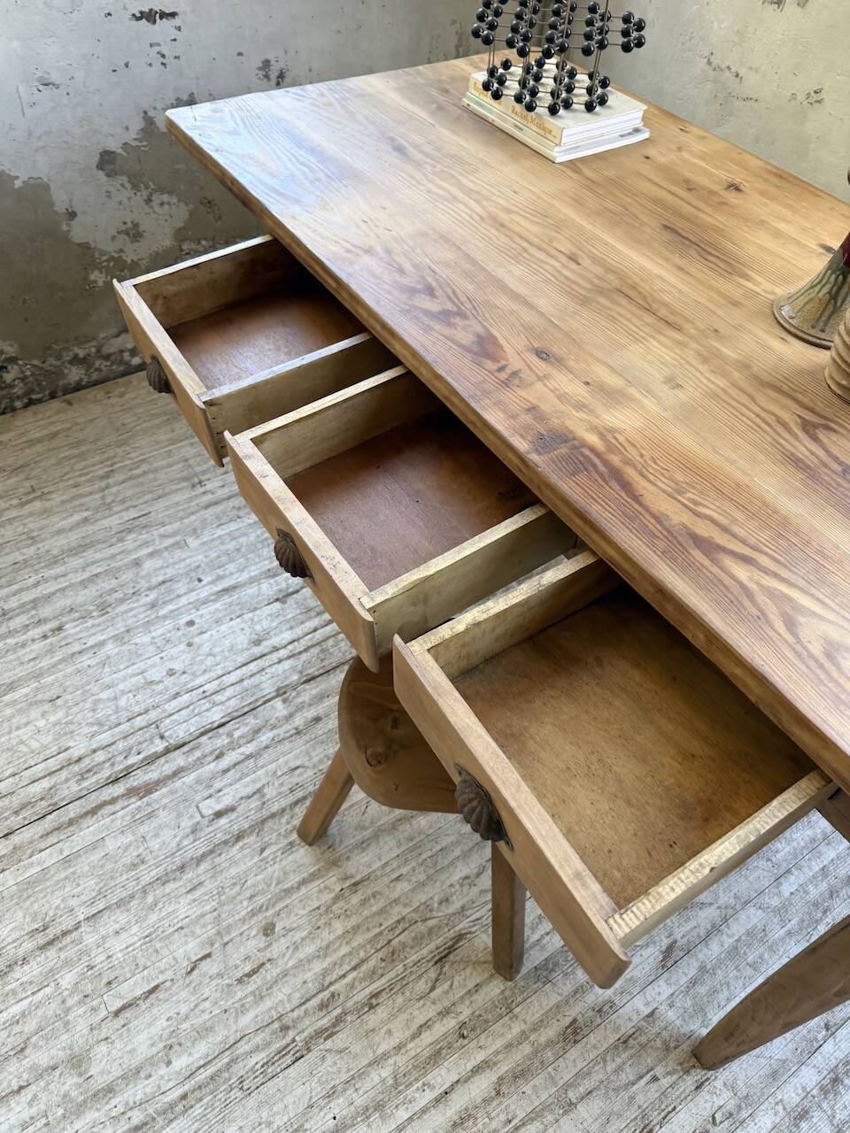 1950s pine and oak farmhouse table with multiple drawers