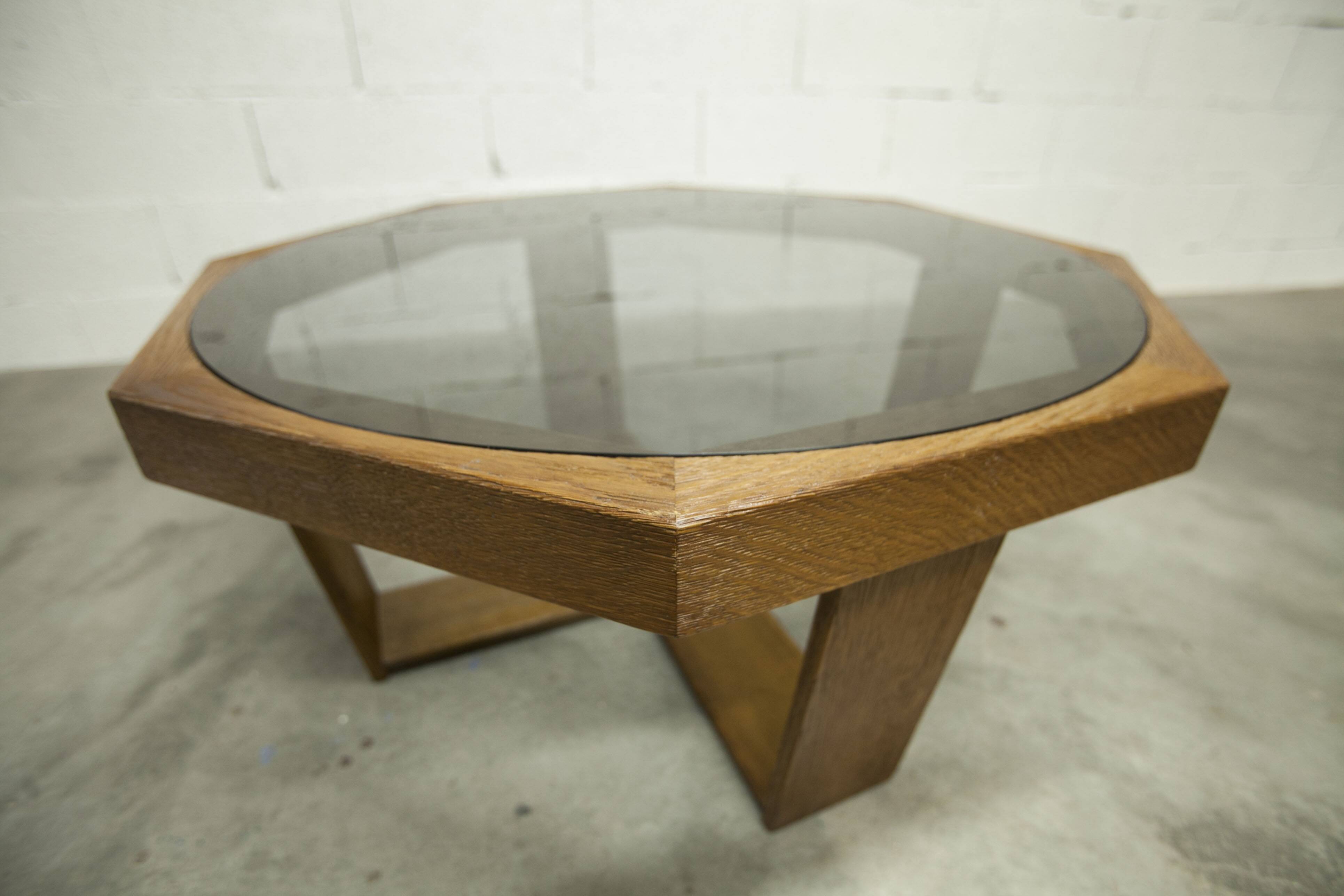 Unique hexagonal table 1977, smoked glass and oak, Swiss made.