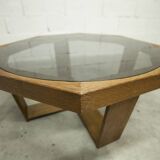 Unique hexagonal table 1977, smoked glass and oak, Swiss made.