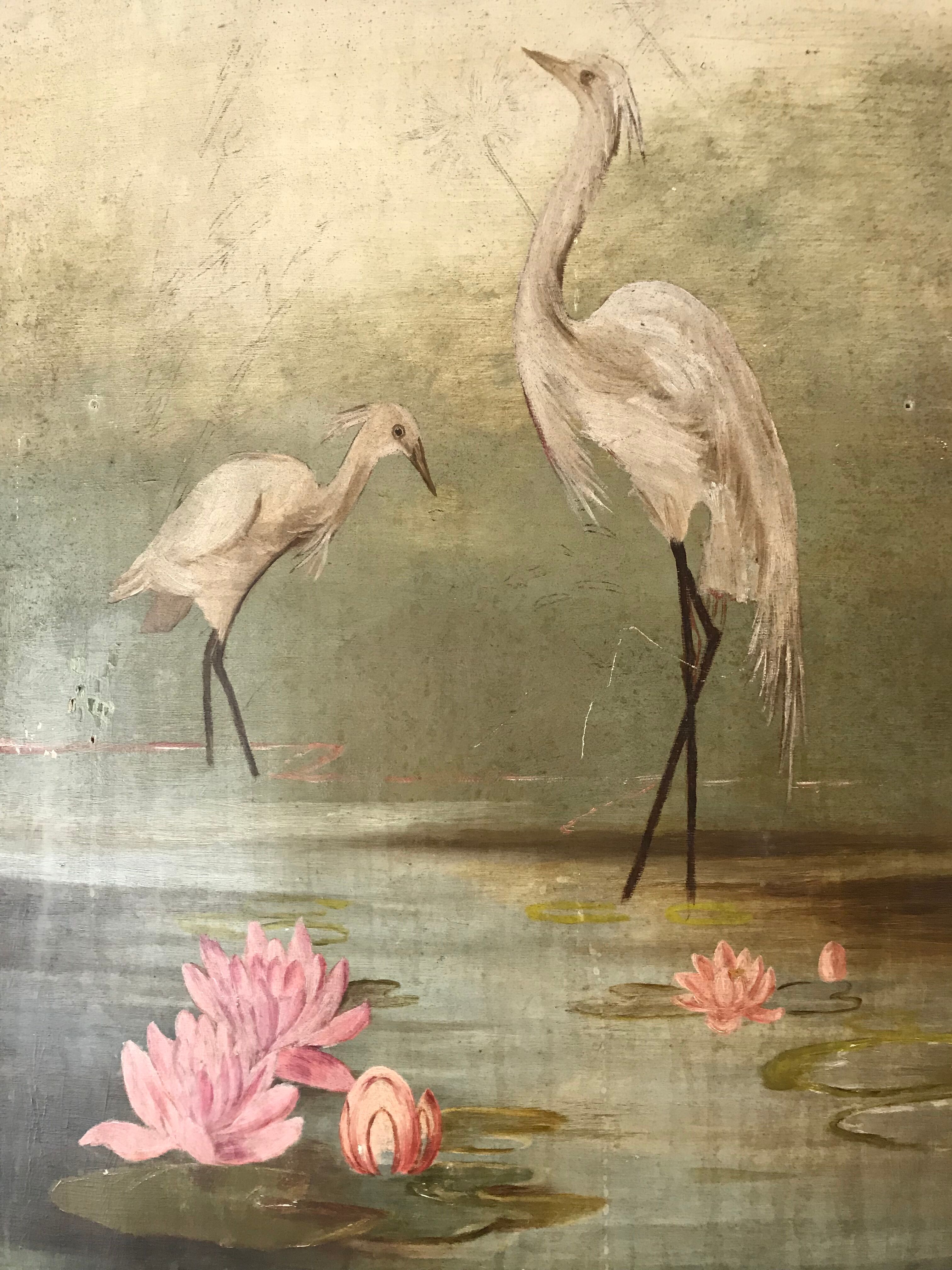 Oil on old panel heron egrets