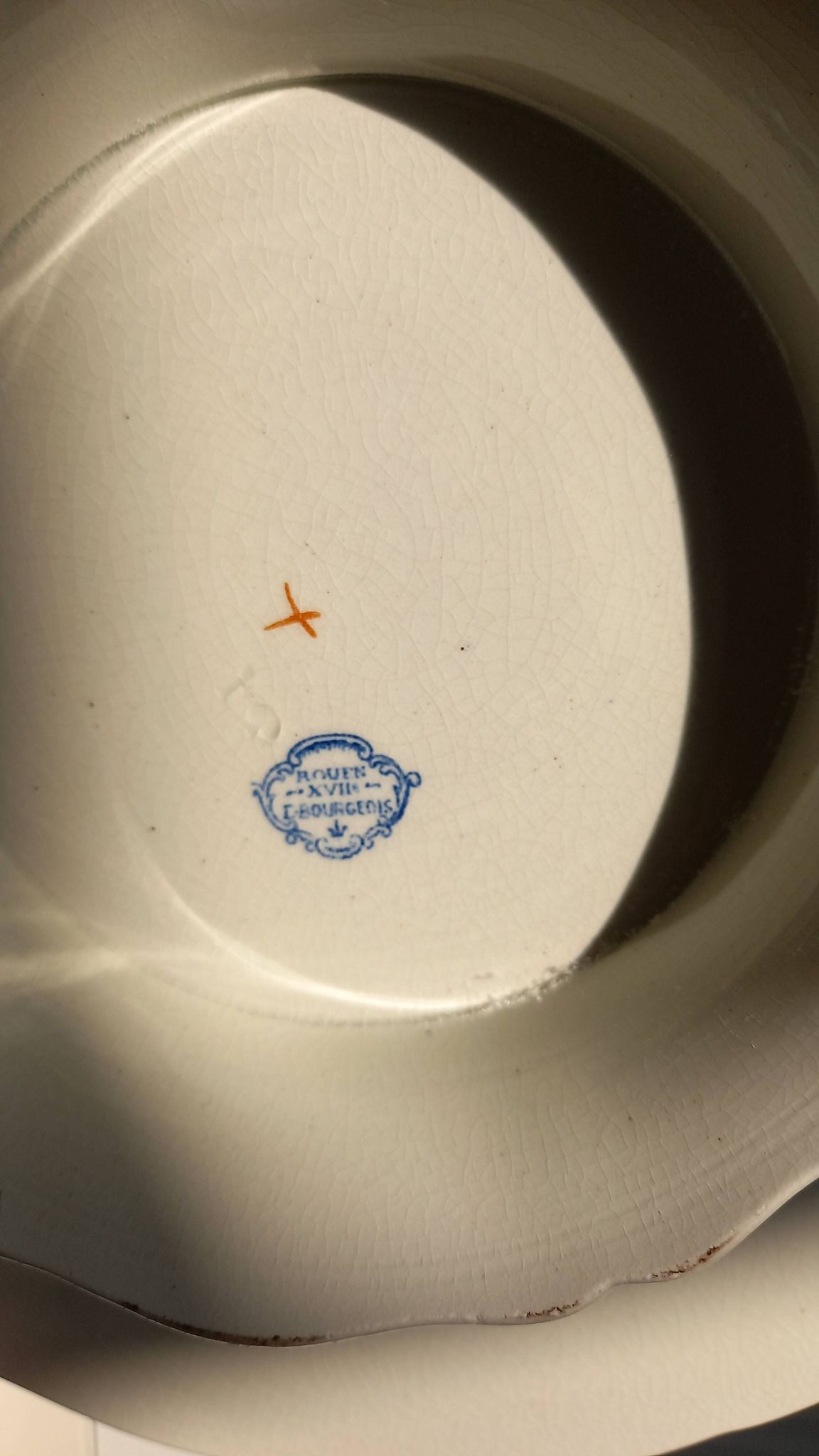 Old mounted plate, compotier in iron earthenware E. Bourgeois large deposit “Rouen XVIII”