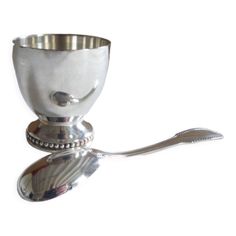 Coquetier + cuillère en métal argenté
