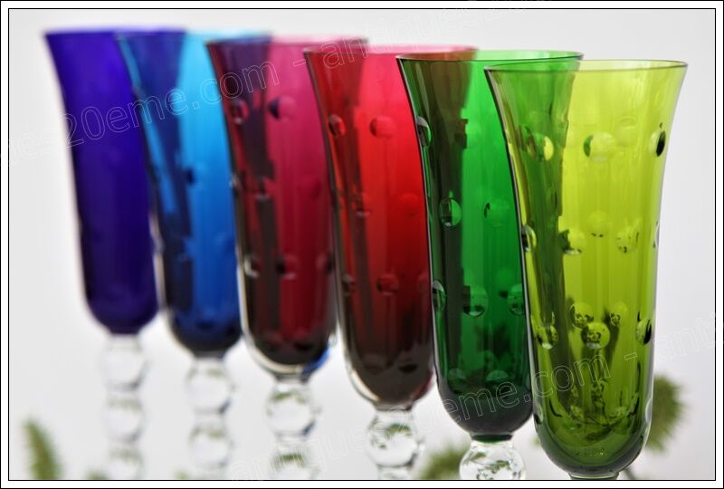 Model Bubbles series of 6 color St Louis Crystal champagne flutes