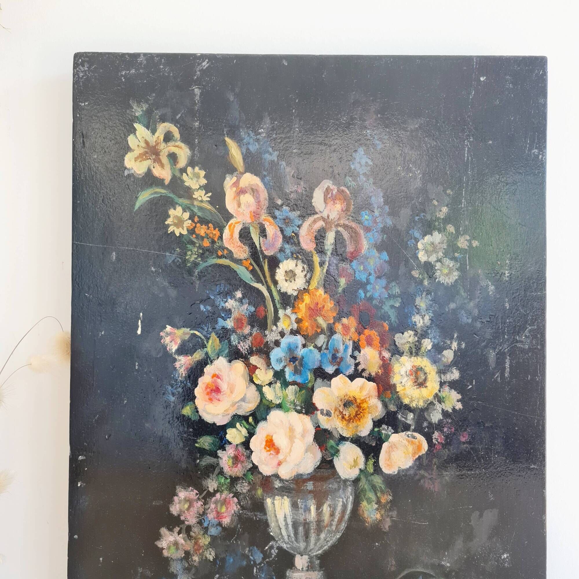 Antique painting on wood - bouquet of flowers