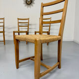 Set of 5 wooden chairs with rope seats, Scandinavian design, 1970s