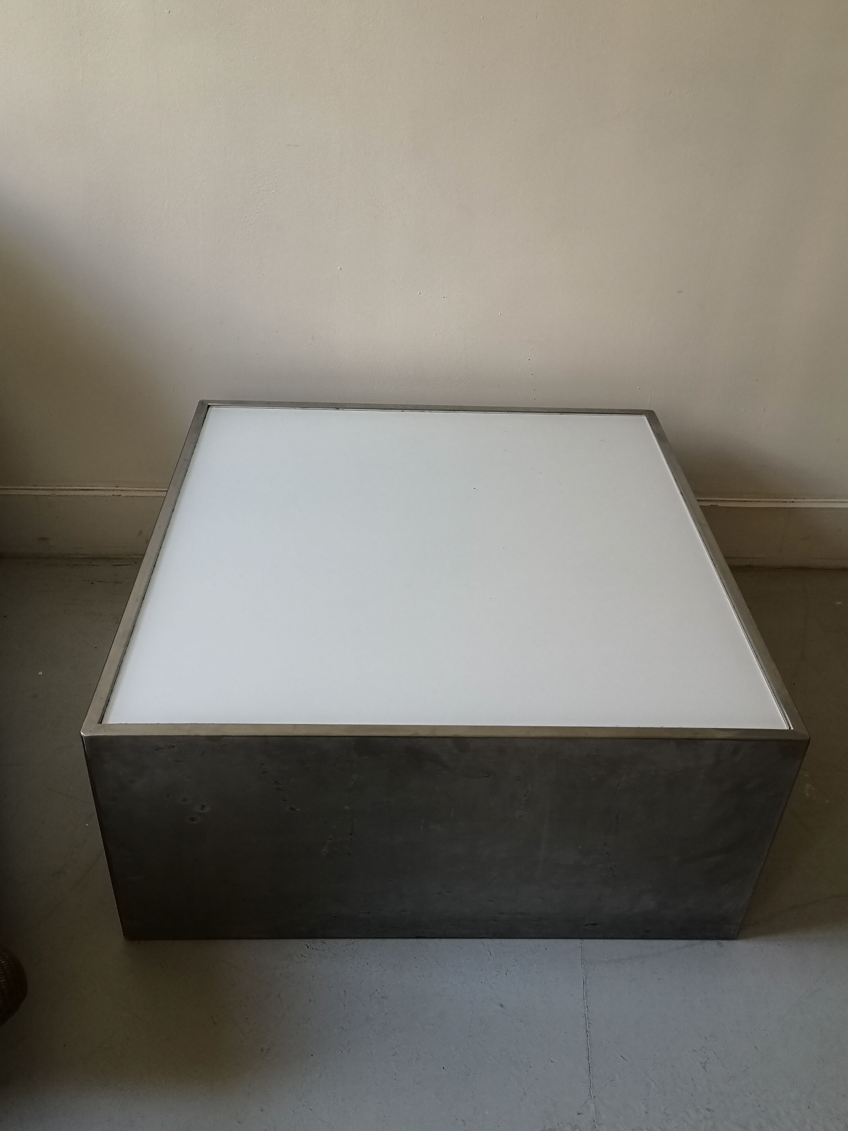 Square block coffee table white glass and metal, cube design 1970
