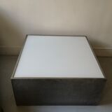 Square block coffee table white glass and metal, cube design 1970