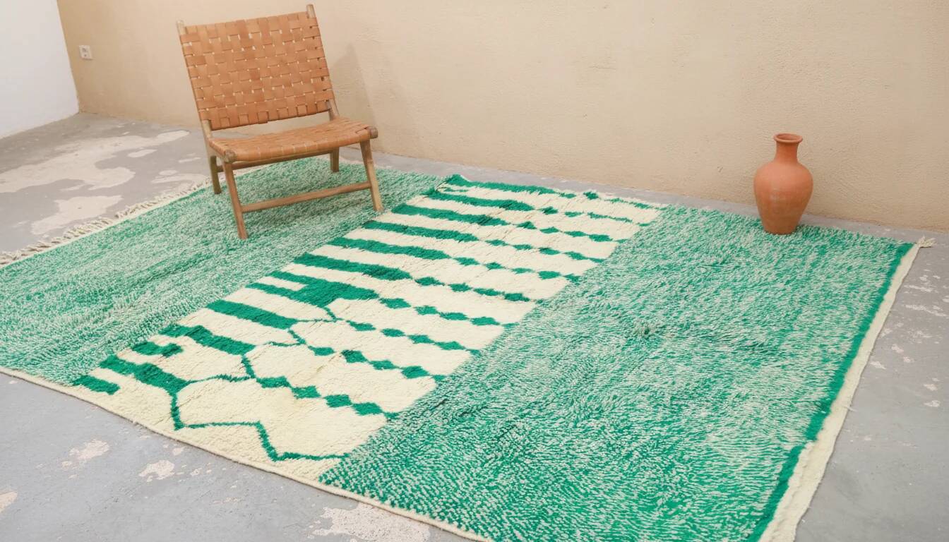 Large Azilal rug 305 x 210 cm – Moroccan wool rug in emerald green with graphic Berber patterns, GD-983