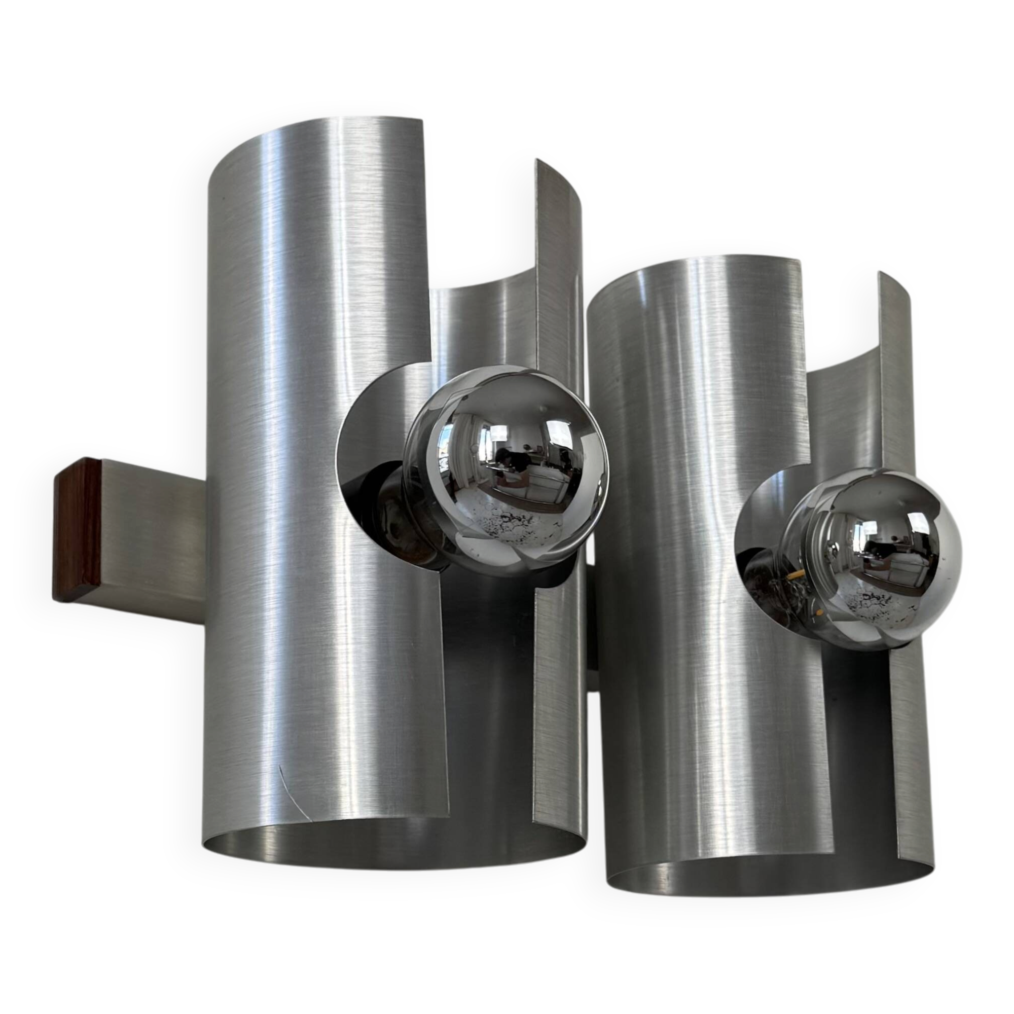 Vintage double wall light in brushed metal and rosewood, France, 1970.