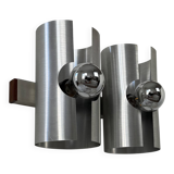 Vintage double wall light in brushed metal and rosewood, France, 1970.