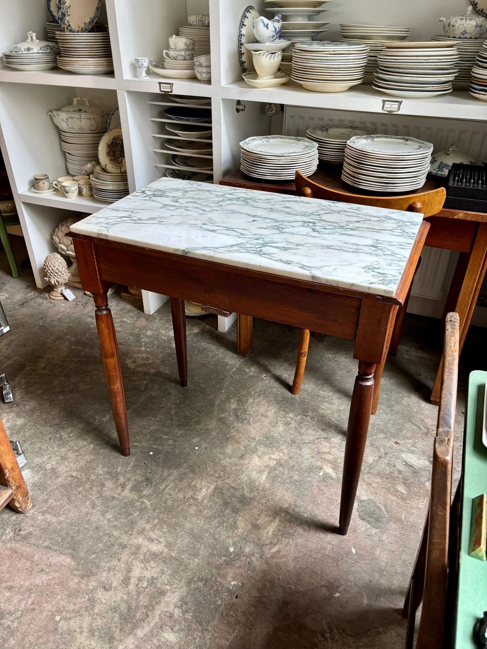 Desk, dark wood and marble side table