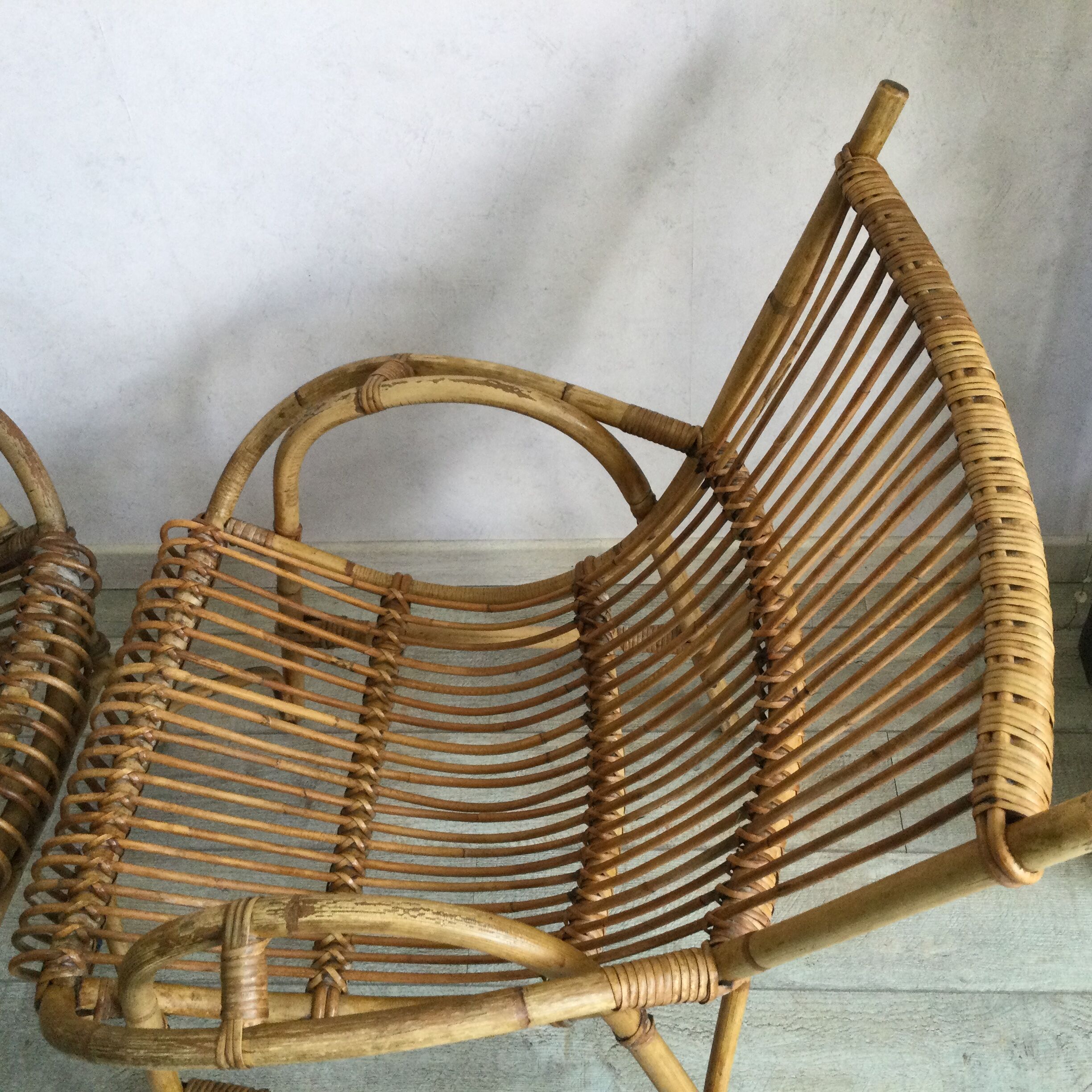 Pair of rattan and bamboo armchairs 50s/60s