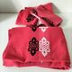 Vintage graphic red tablecloth and 8 matching napkins.
