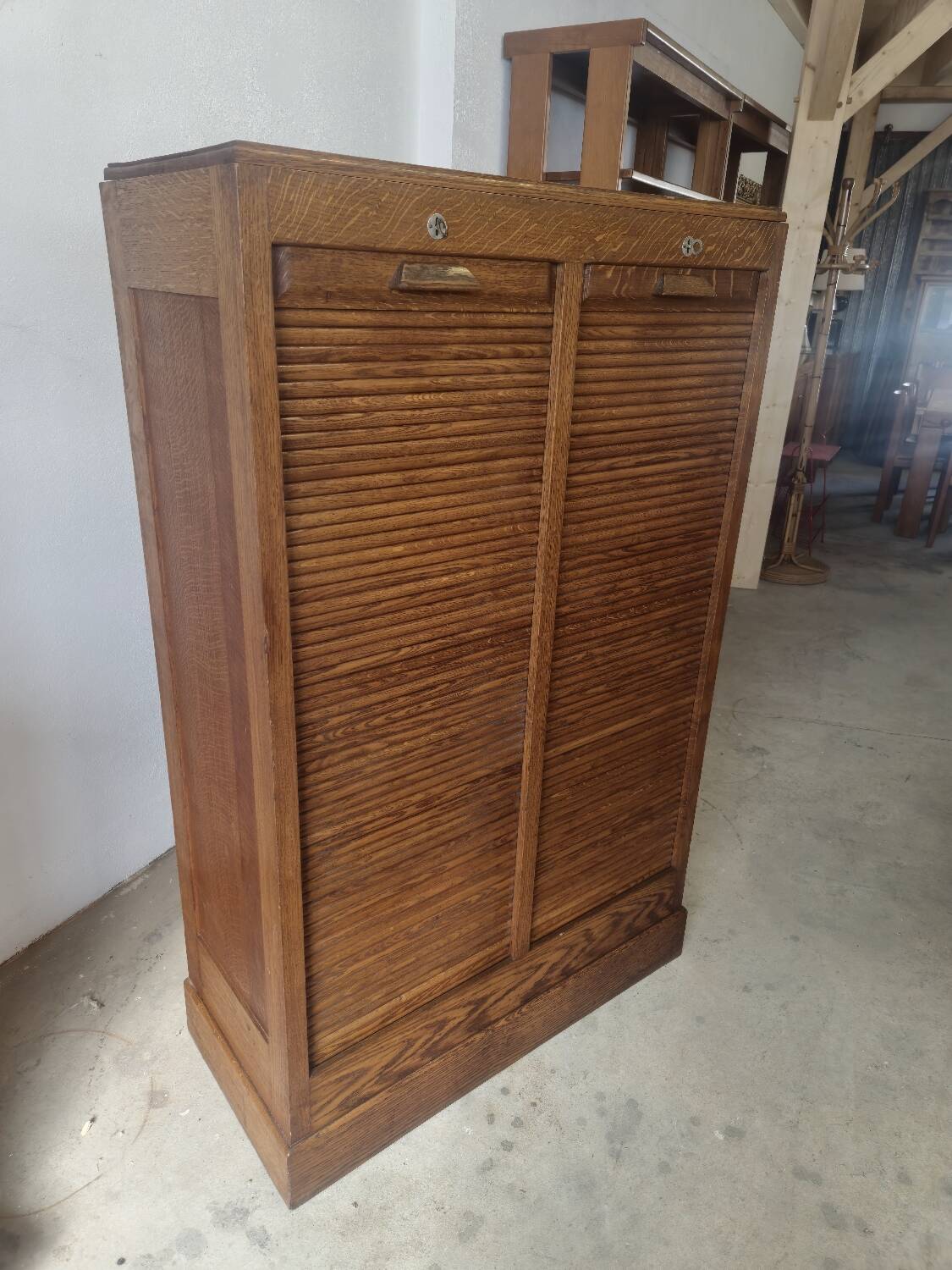 Antique 1950s double sliding door filing cabinet with curtains