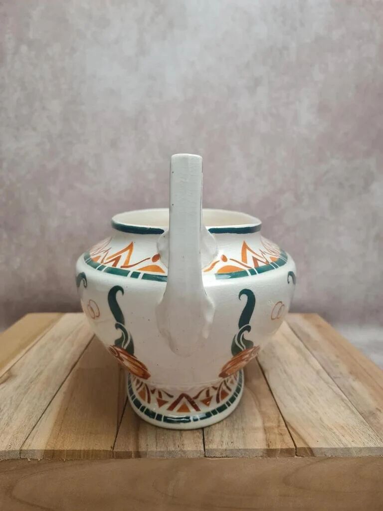 Art Deco Jardinière Moulin des Loups Orchies – stylised green & terracotta decoration – double handle