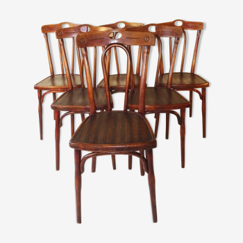 Lot de 6 chaises THONET très bistrot, 1905/10  assises bois et dossiers à marquer