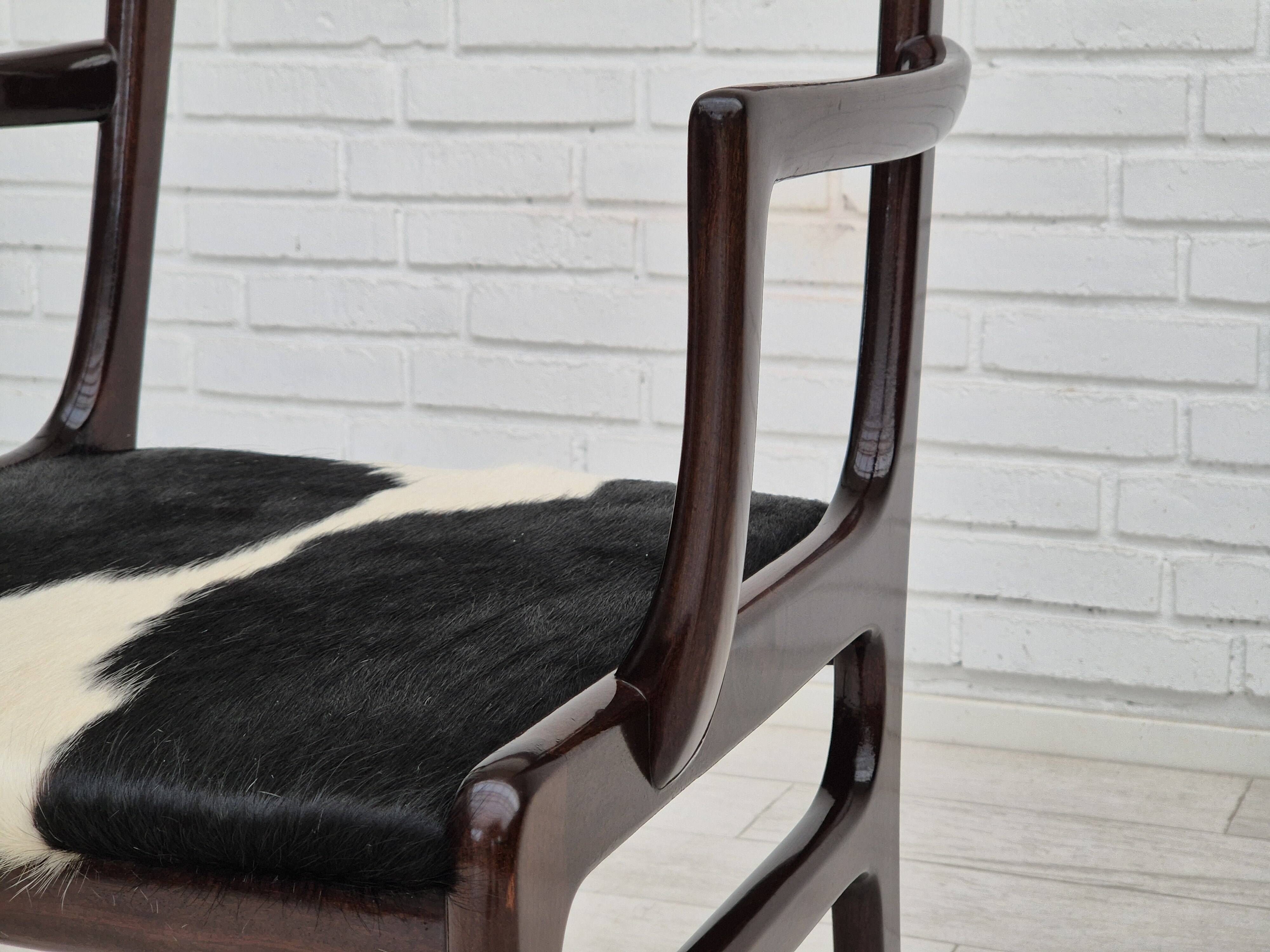 1960s, Danish design by Ole Wanscher, armchair, mahogany wood, cowhide, reupholstered.