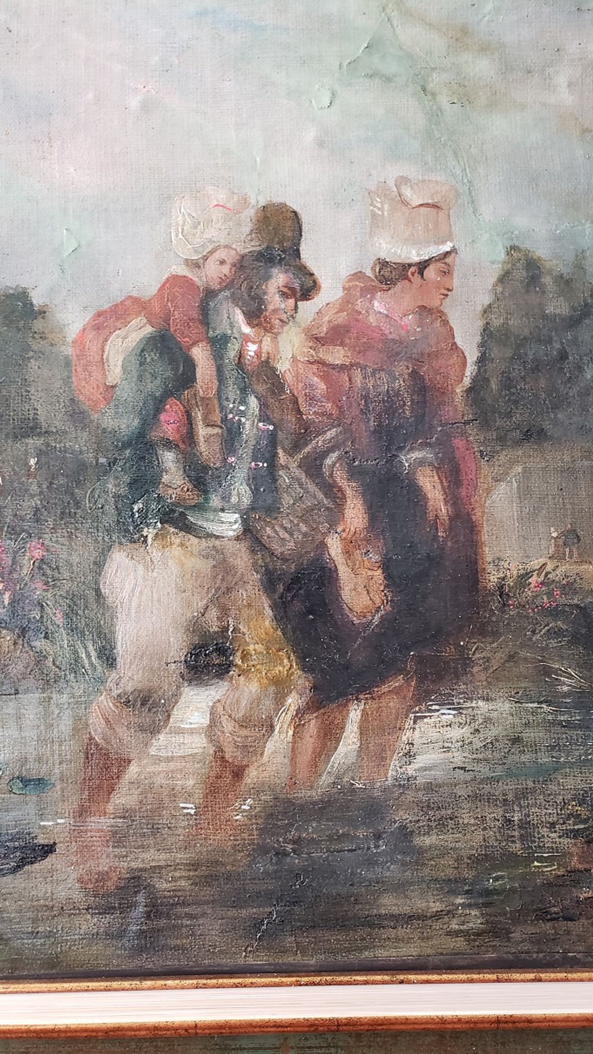 Huile sur toile "Le Gué" Ecole XIXème