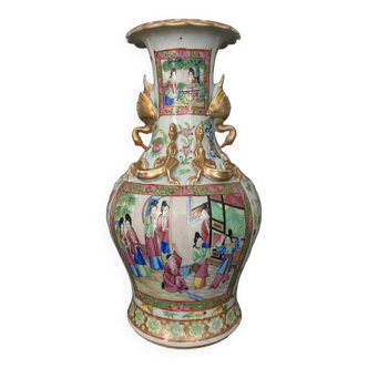 Vase Canton porcelaine XIXe applications décor de salamandre rehaut doré