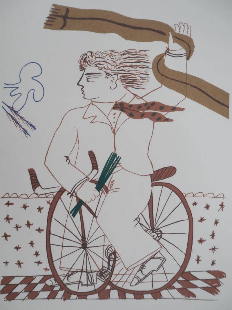 Alekos FASSIANOS: Elegant man on a bicycle, signed lithograph.