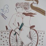 Alekos FASSIANOS: Elegant man on a bicycle, signed lithograph.