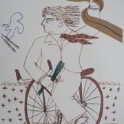 Alekos FASSIANOS: Elegant man on a bicycle, signed lithograph.