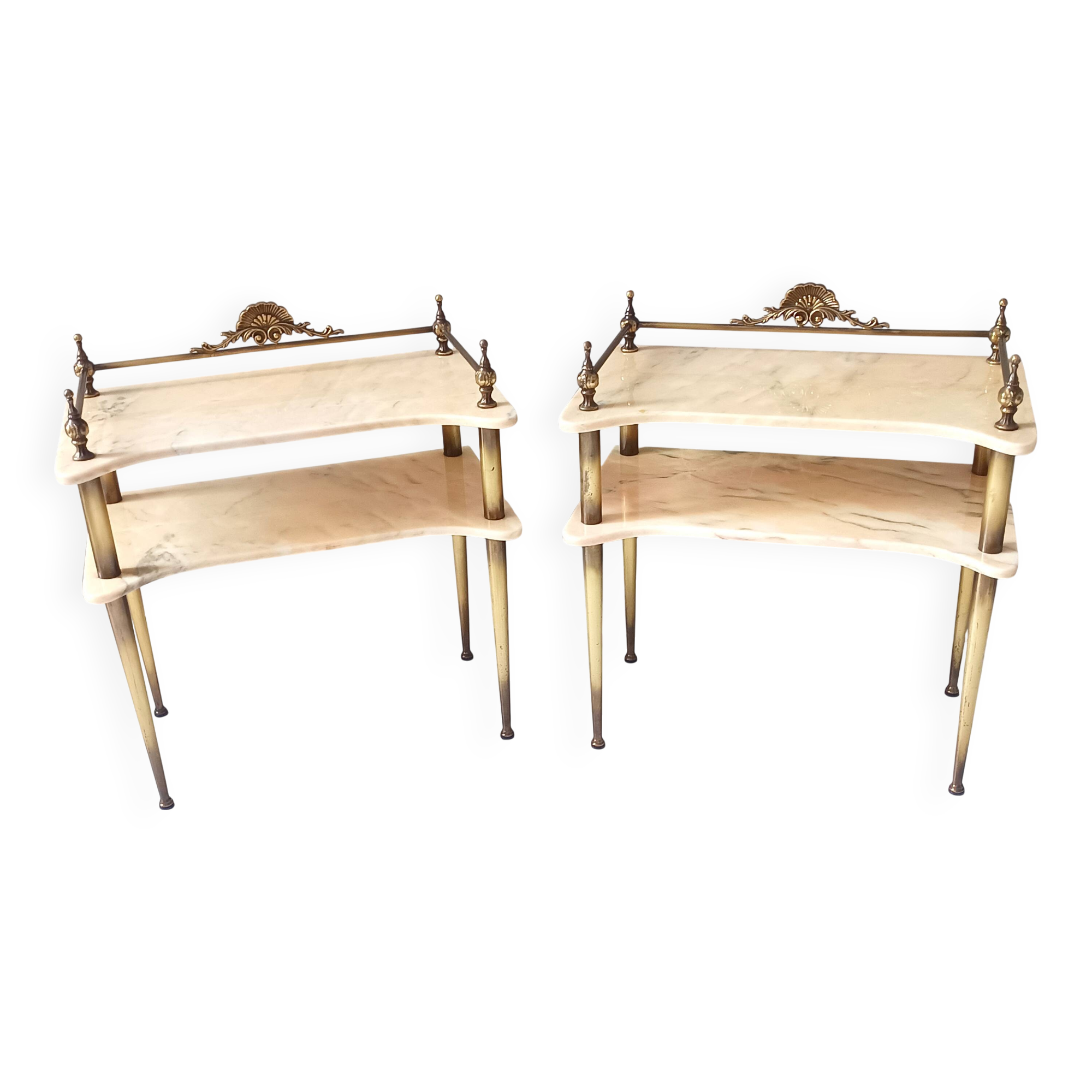 Pair of Nightstands / Console Tables with Marble Tops and Brass Legs, Italy