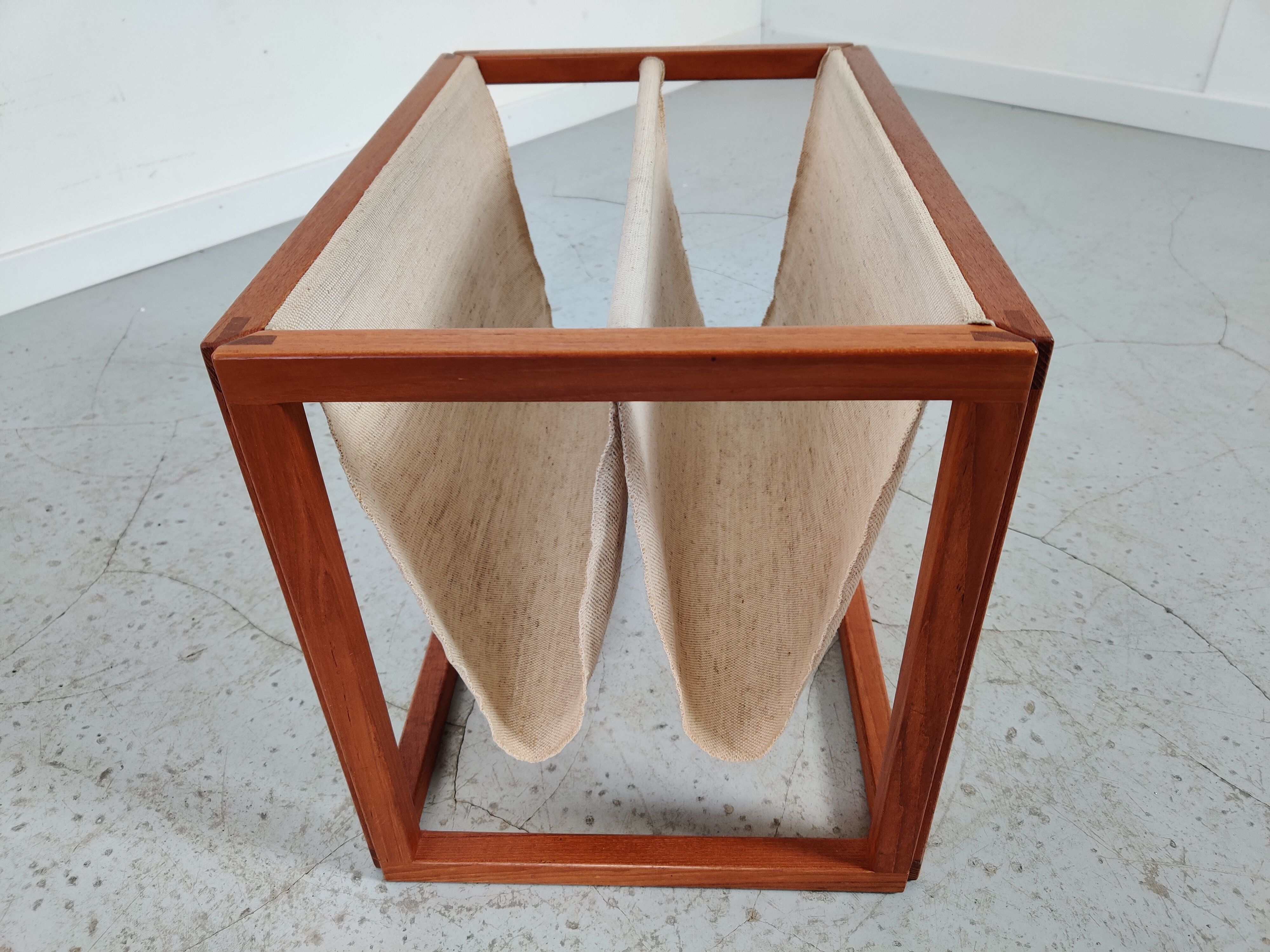 Scandinavian magazine door in teak and burlap, Denmark 60/70