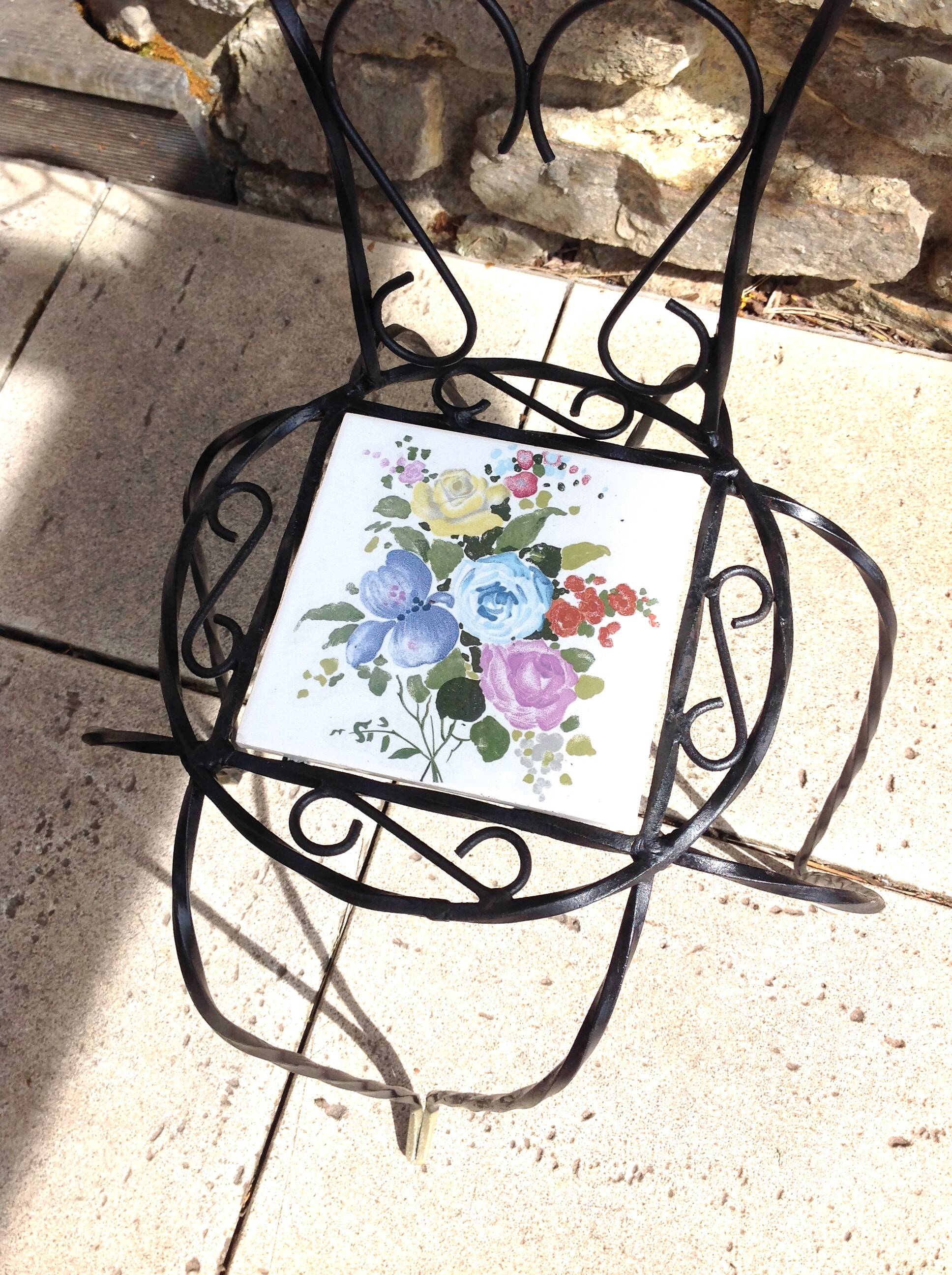 Plant holder "chair" in wrought iron and earthenware / vintage 60s-70s