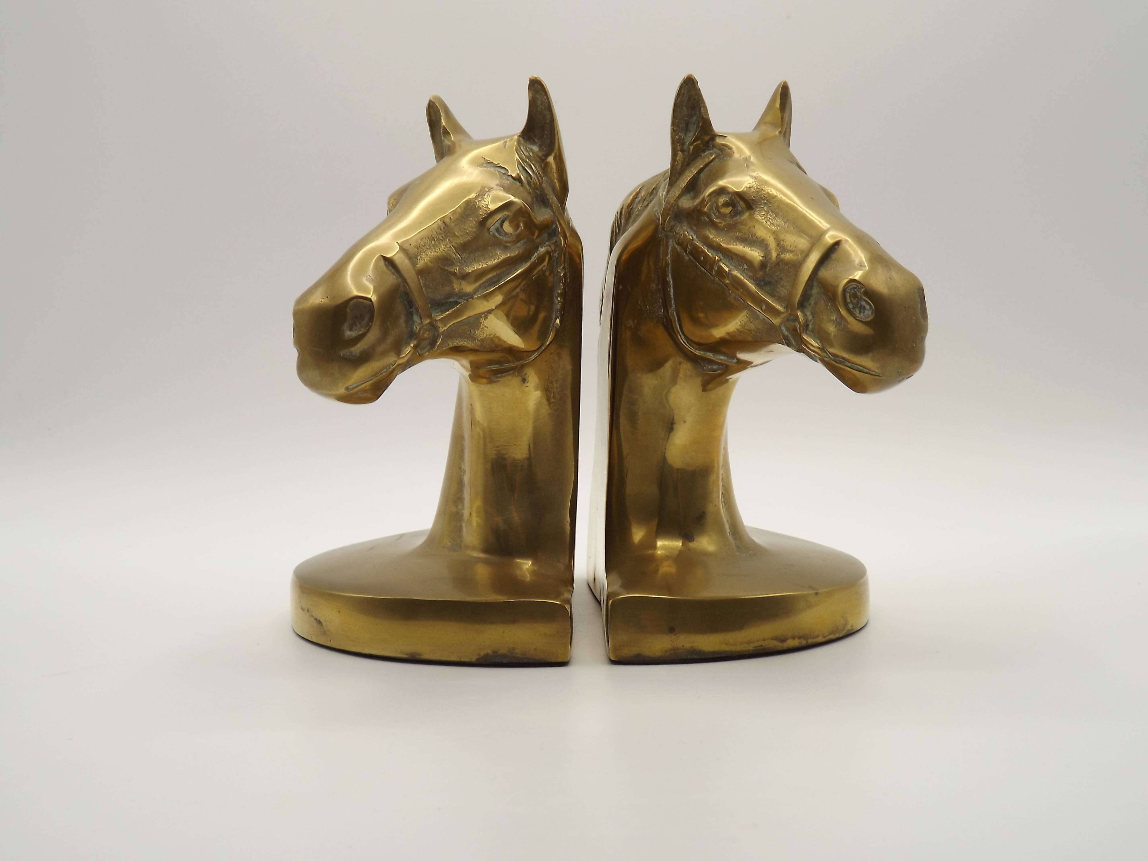Vintage Brass Horse Head Bookends Pair – French Cast Brass Equestrian Decor